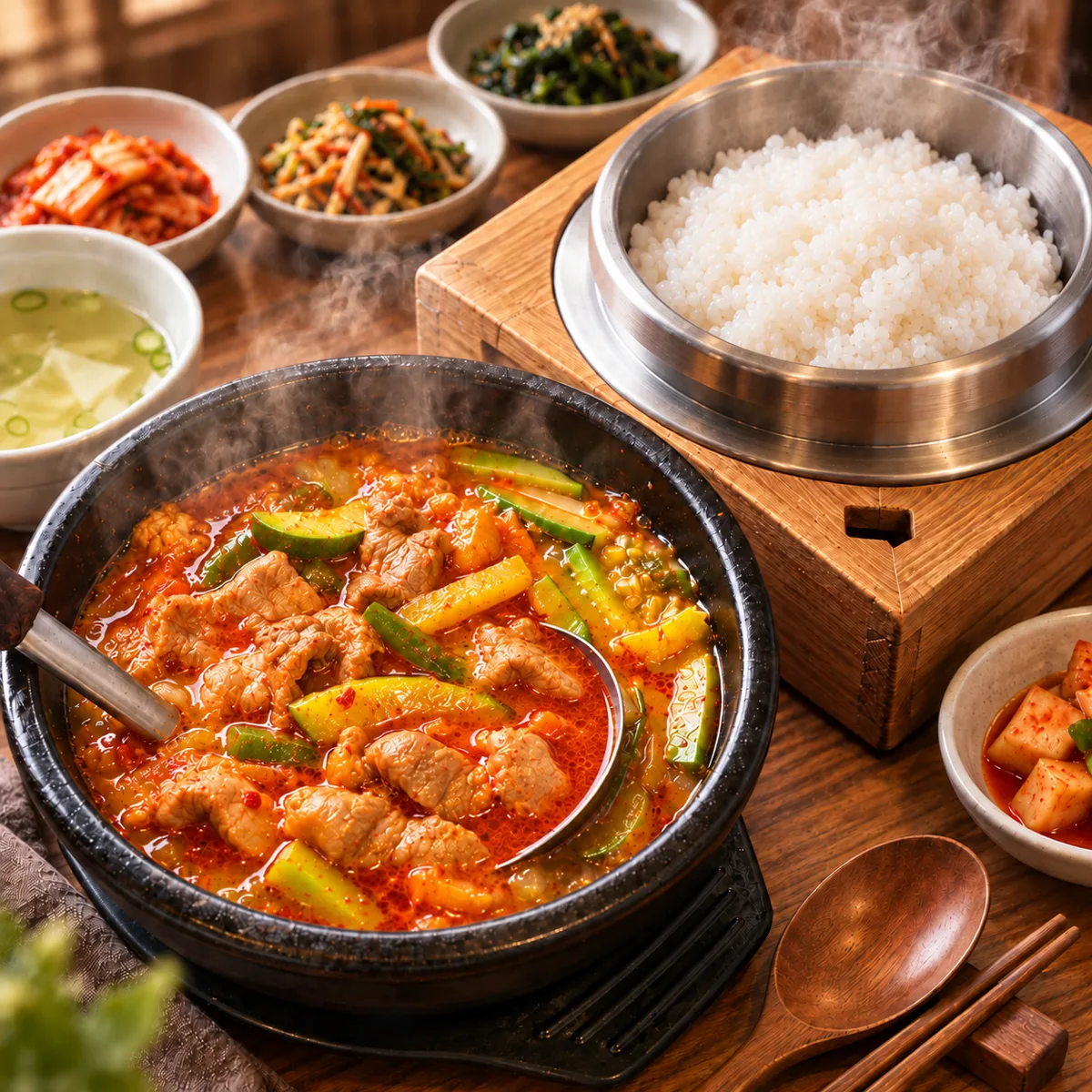 제주 남도고을 매콤한 돼지고기 애호박국과 솥밥 한 상